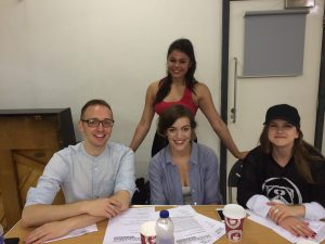 Rosalia Morales with the judges at the Razzamataz Future Fund audition   L – R: Max Reynolds, Lauryn Jamieson and Fi Silverthorn 